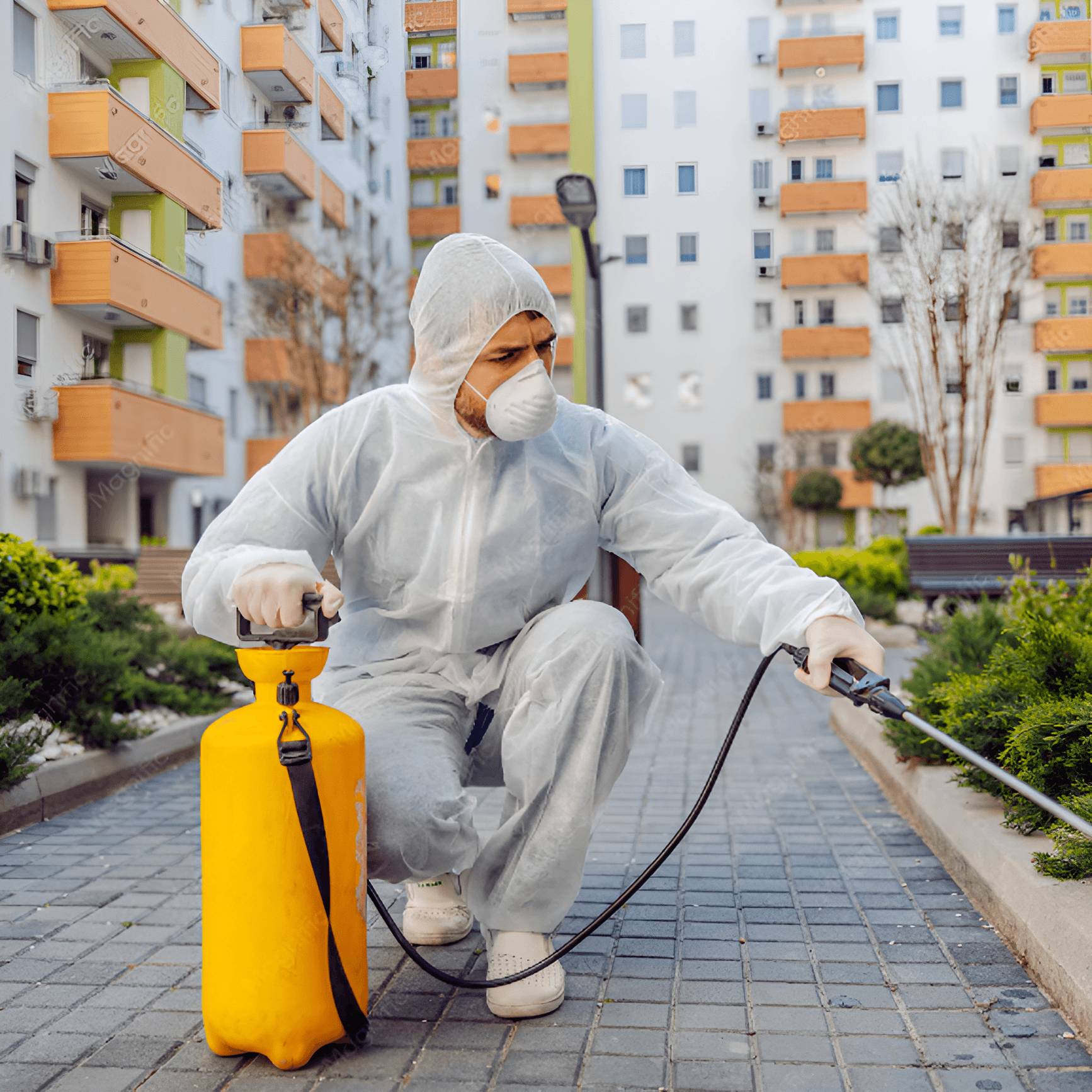 Técnico da Ambiental realizando dedetização em área externa de condomínio em São Paulo